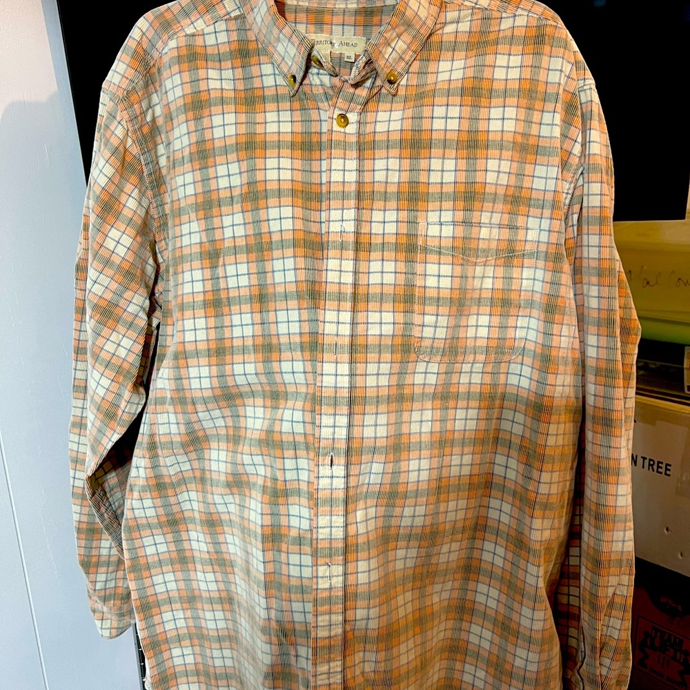 TA25 Men’s Long Sleeve Old Steamboat Corduroy Shirt XXL Plaid Orange Cream Plaid